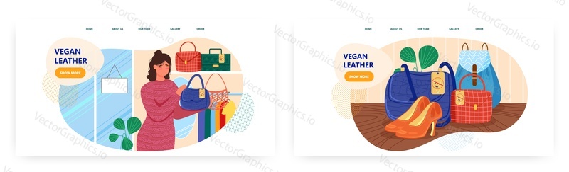Vegan leather landing page design, website banner template set, flat vector illustration. Woman holding bag made of eco friendly leather alternatives, sustainable and ethical materials.