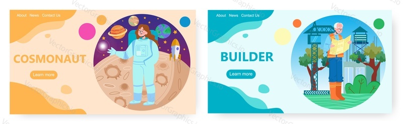 Professions and occupations landing page design, website banner template set, flat vector illustration. Female cosmonaut and male builder. Construction, science and engineering professionals.