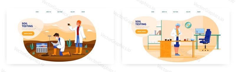 Soil testing landing page design, website banner template set, flat vector illustration. Agricultural soil quality analysis and testing process in the field and in laboratory.