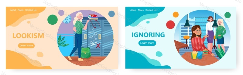 Lookism and ignoring landing page design, website banner template set, flat vector illustration. Unhappy girls facing appearance discrimination and ignoring. Prejudice. Social problems.
