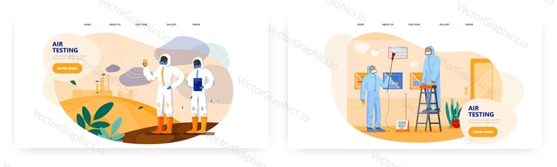 Air testing landing page design, website banner template set, flat vector illustration. Technician workers testing air quality indoors, outdoors next to industrial factory. Airflow visualization test.