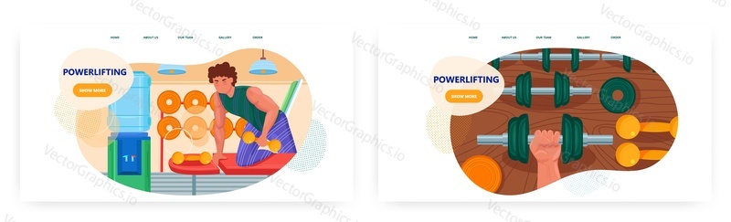 Powerlifting landing page design, website banner template set, flat vector illustration. Strong muscular man athlete exercising with dumbbells. Weightlifting, bodybuilding, strength gym workout.