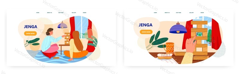 Jenga landing page design, website banner template set, flat vector illustration. Happy people playing jenga board game, sitting on the floor. Home leisure activity.