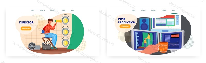 Film director landing page design, website banner template set, flat vector illustration. Filmmaker directing movie shooting and post production process. Creative profession. Film industry.