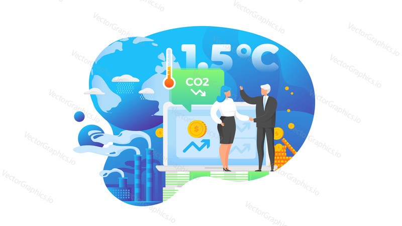 Business commitment to reduce carbon emission and limit global warming to 1.5 degree celsius. Green economy and environment, vector illustration. Businessman invest money to sustainable business.
