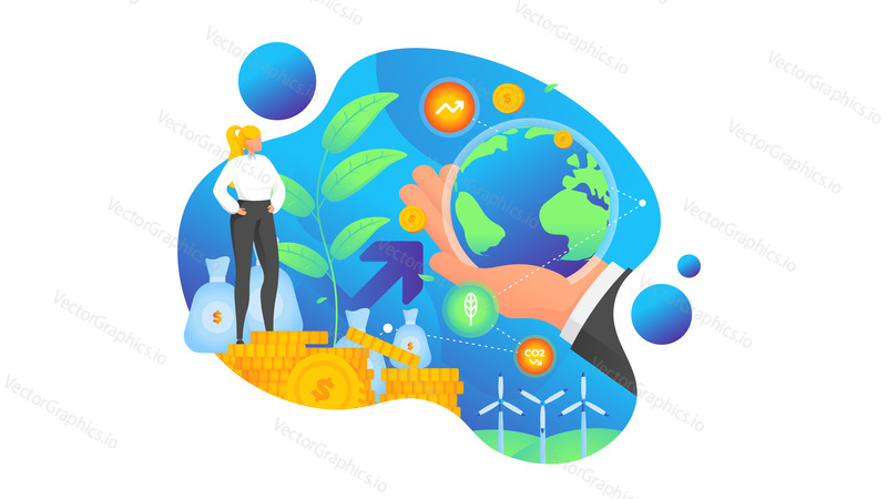 Green economy and business investment in climate resilience. Vector concept illustration. Sustainable esg business and green renewable energy industry.  Commitment to decrease co2 emmision.