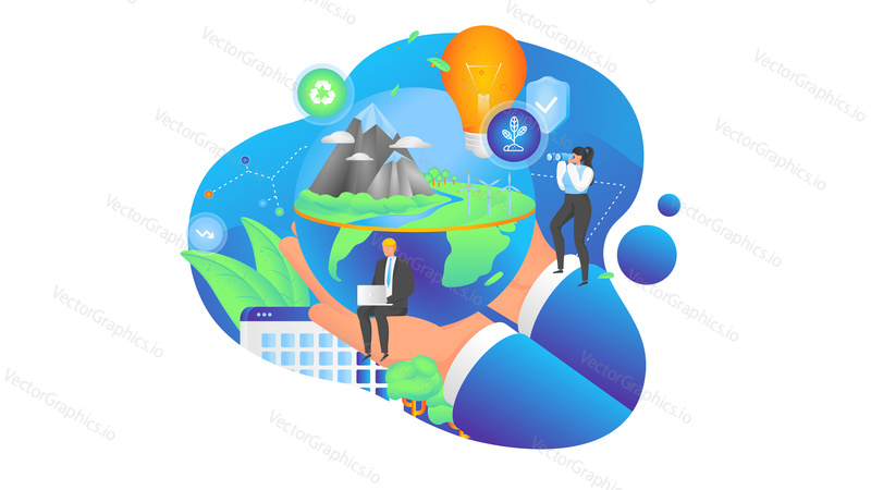 Hands holding planet Earth. Climate corporate responsibility and sustainable development  cocenpt vector illustration. Green renewable energy industry.  Commitment to decrease co2 emmision.