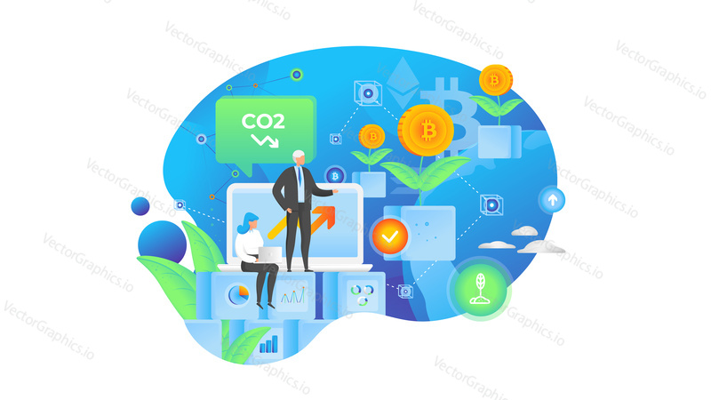 Using blockchain and crypto currency industry to build green business and sustainable economy. Environment concept vector illustration. Business people invest in bitcoin technology.