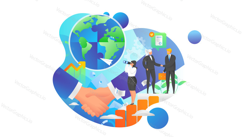 Business commitment to limit global warming and climate change. Environment concept vector illustration. Two businessman shake hands and make a deal to invest in green business and sustanable economy.