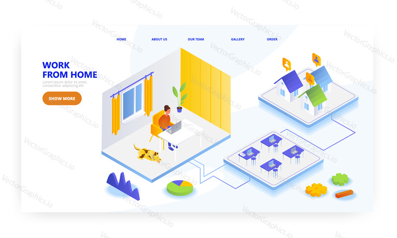Work from home, landing page design, website banner template, flat vector isometric illustration. Home office, remote work. Freelance.