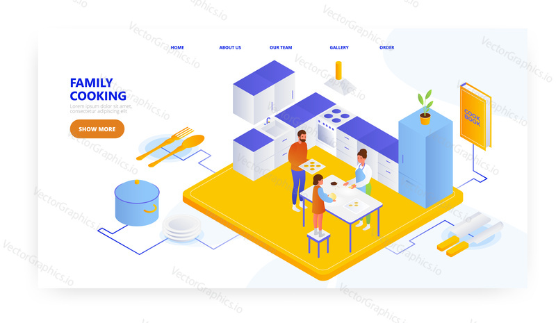 Family cooking, landing page design, website banner template, flat vector isometric illustration. Father, mother and daughter making cookies together in kitchen. Family lifestyle.