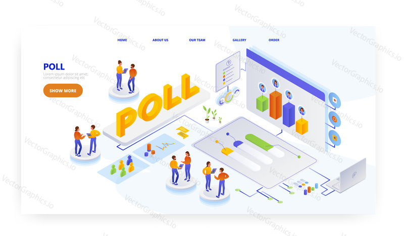 Exit poll, landing page design, website banner template, flat vector isometric illustration. Voter survey. Public opinion polling.