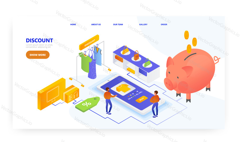 Customer discount, landing page design, website banner template, flat vector isometric illustration. Online shopping sales. Saving money with discounts. Internet store marketing strategy.