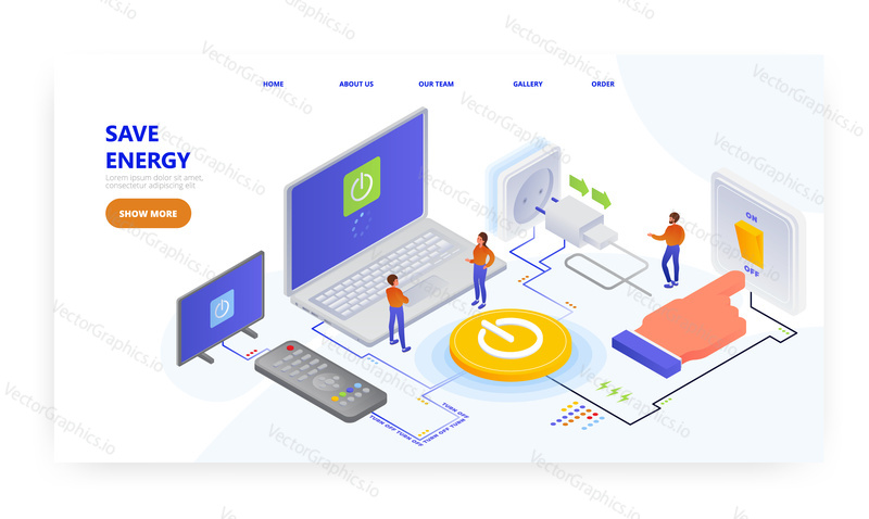 Save energy, landing page design, website banner template, flat vector isometric illustration. Reduce electricity by turning off the lights and electrical devices.