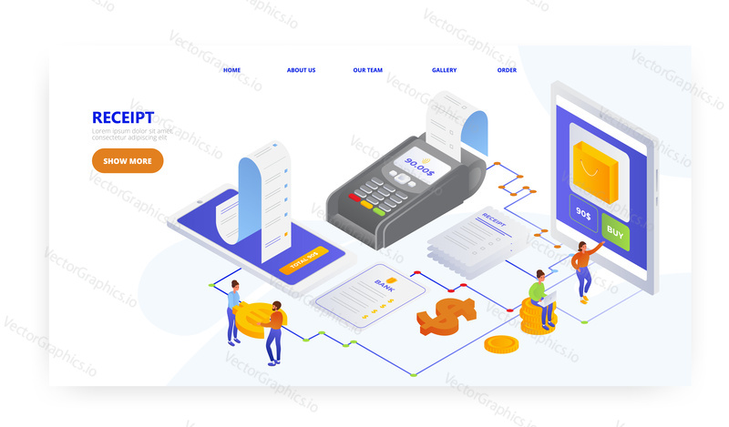 Receipt, landing page design, website banner template, flat vector isometric illustration. Payment terminal, mobile banking, contactless payment.
