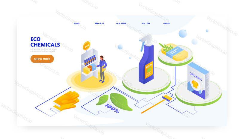 Eco chemicals, landing page design, website banner template, flat vector isometric illustration. Eco friendly household cleaning products. Natural laundry detergents, organic soap.