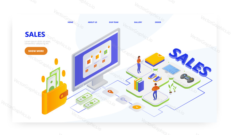 Sales, landing page design, website banner template, flat vector isometric illustration. Online shopping bargain. Internet store sales and discounts.