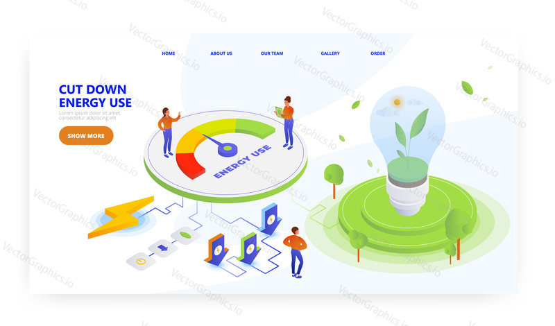 Save energy, landing page design, website banner template, flat vector isometric illustration. Electric lamp with green sprout, electricity consumption meter. Save nature, ecology.