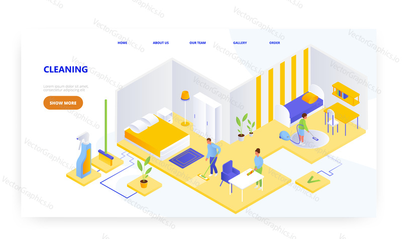 Cleaning house, landing page design, website banner template, flat vector isometric illustration. Family characters doing housework together. Household chores. Family lifestyle.