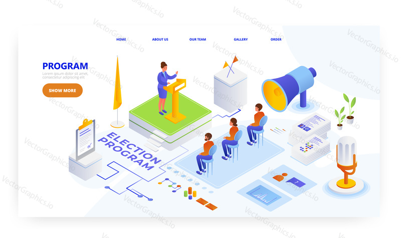 Election program, landing page design, website banner template, flat vector isometric illustration. Woman politician giving election speech standing behind the rostrum. Meeting with voters.