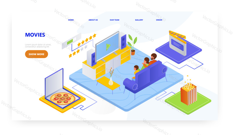 Movies, landing page design, website banner template, flat vector isometric illustration. Family characters watching tv film sitting on sofa. Home cinema. Movies online. Family lifestyle.