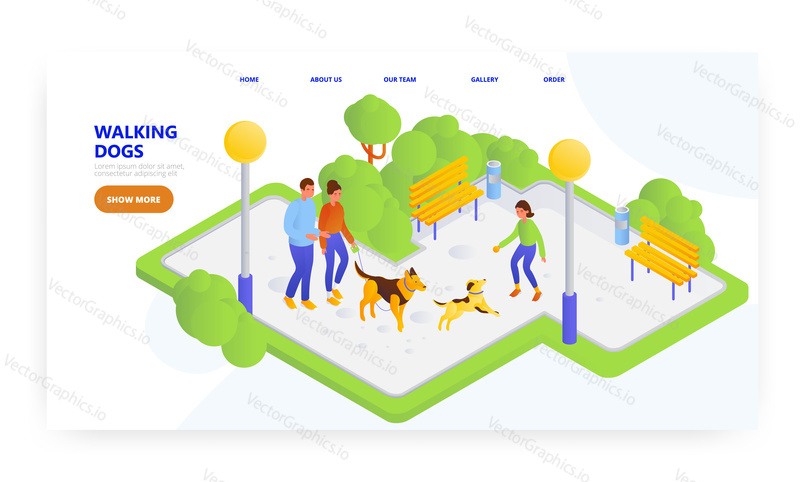 Walking dogs, landing page design, website banner template, flat vector isometric illustration. Family couple, girl walking with pet dogs in the park. Outdoor activity.