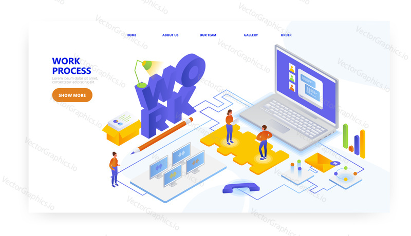 Work process, landing page design, website banner template, flat vector isometric illustration. Teamwork. Office situation. Workflow management.