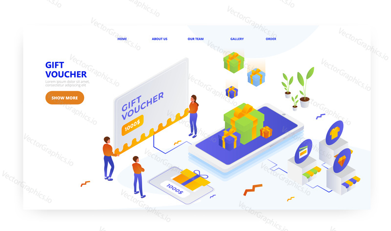 Gift voucher, landing page design, website banner template, flat vector isometric illustration. Discount coupon, loyalty program. Online shopping.