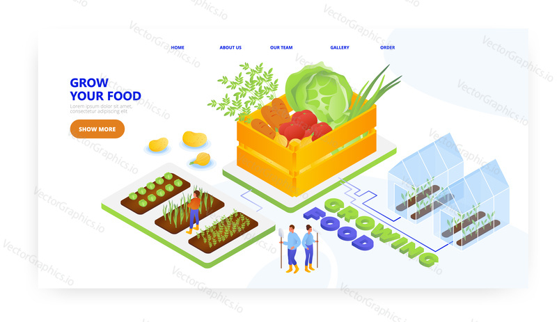 Выращивание продуктов питания, дизайн целевой страницы, шаблон баннера веб-сайта, плоская векторная изометрическая иллюстрация. Фермеры, садоводы, выращивающие органические овощи. Садоводство. Сельскохозяйственная промышленность.