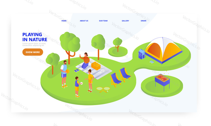 Family in nature, landing page design, website banner template, flat vector isometric illustration. Father, mother and kids having picnic, playing ball. Family lifestyle. Summer outdoor activity.