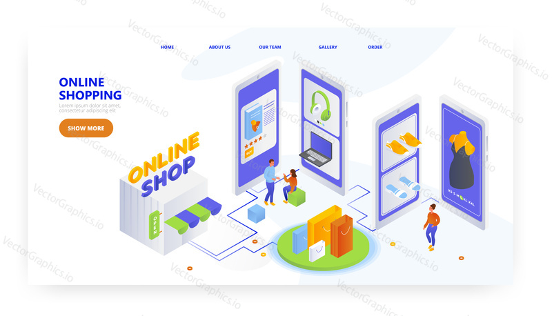 Online shopping, landing page design, website banner template, flat vector isometric illustration. Internet store, e-commerce.