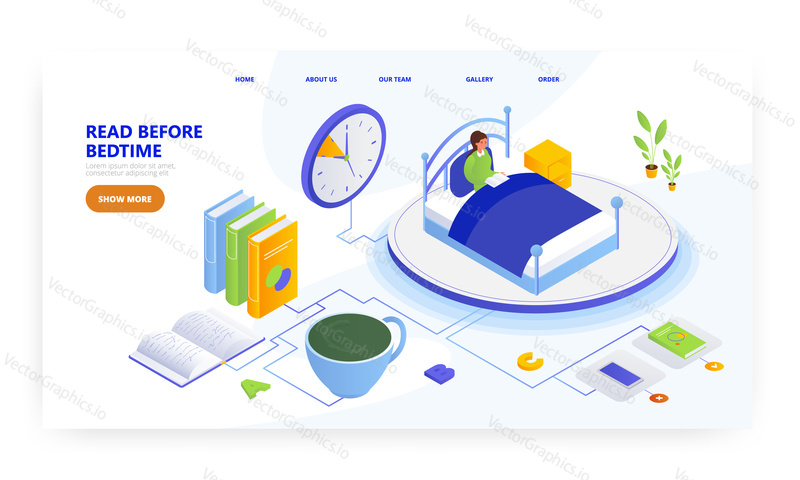 Read before bedtime, landing page design, website banner template, flat vector isometric illustration. Man reading book in bed at night. Daily bedtime routine.