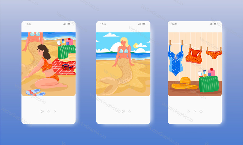 Woman making sand mermaid on beach. Summer beach vacation. Mobile app screens. Vector banner template for website and mobile development. Web site and UI design illustration.