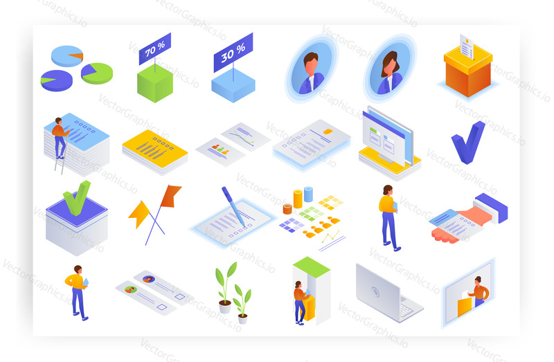 Election and voting isometric icon set, flat vector isolated illustration. Voter, ballot box, ballot paper, political candidate avatar, check mark, charts and other infographic elements.