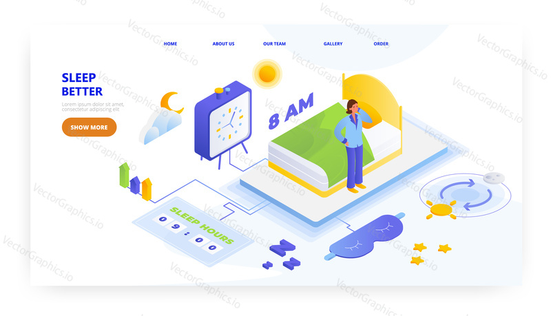 Sleep better, landing page design, website banner template, flat vector isometric illustration. Sleep eye mask. Healthy circadian rhythm.