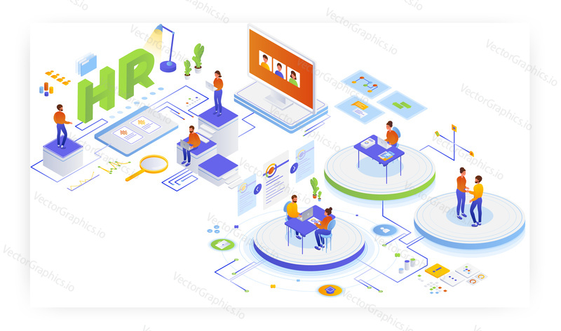 Human resources, flat vector isometric illustration. Resume, hiring, job interview with candidate, hr management, employment. Recruiting agency services.