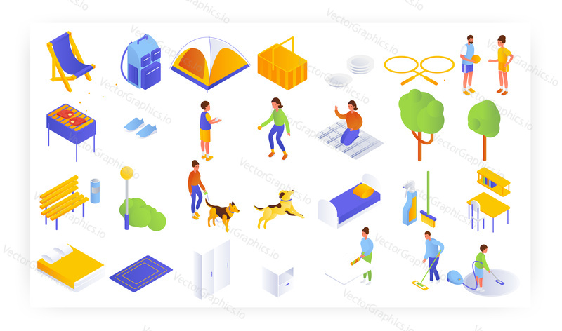 Family leisure activities isometric icon set, flat vector isolated illustration. Father, mother and kids having picnic in nature, playing with dog in park, cleaning house together. Family lifestyle.
