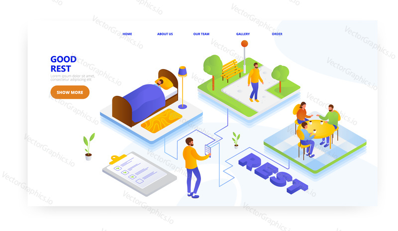 Good rest, landing page design, website banner template, flat vector isometric illustration. Physical and mental rest. Good sleep, walk outdoors, meeting with friends.