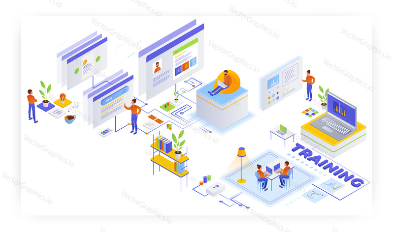 Students learning online, flat vector isometric illustration. Webinar, online training, remote education, seminar, distance learning.