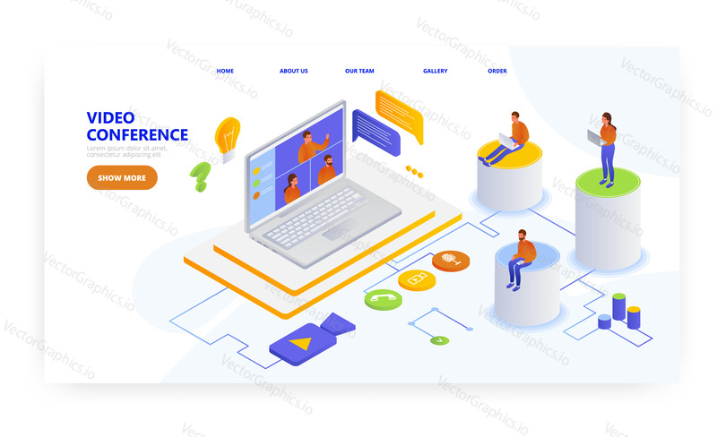 Video conference, landing page design, website banner template, flat vector isometric illustration. Business group meeting, video conferencing technology, webinar, online education.