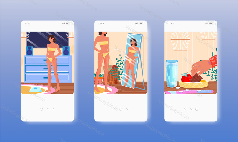 Skinny woman looking at herself in the mirror. Eating disorder, anorexia or bulimia. Mobile app screens. Vector banner template for website and mobile development. Web site and UI design illustration.