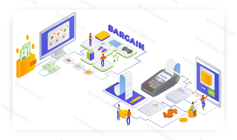 Online shopping bargain, flat vector isometric illustration. Internet store sales and discounts. Mobile banking, contactless payment.