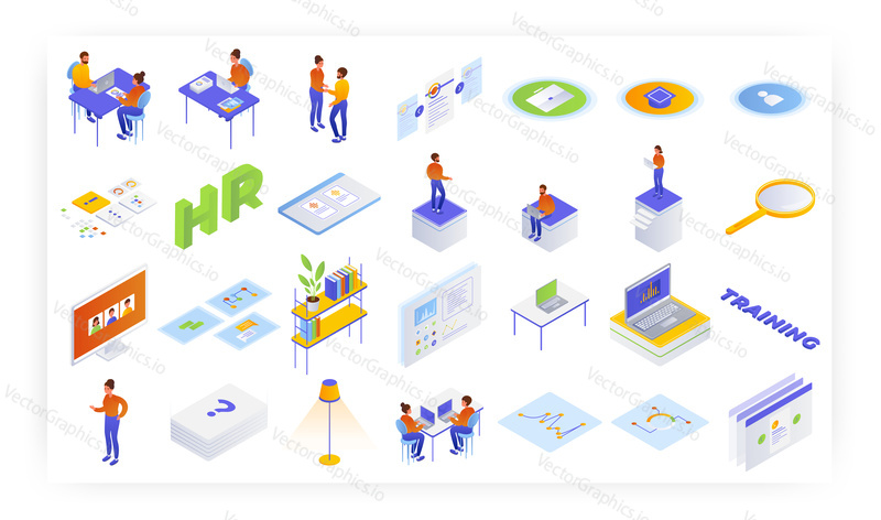Human resource management isometric icon set, flat vector isolated illustration. Hiring, job interview with candidate, resume, staff education, online training.