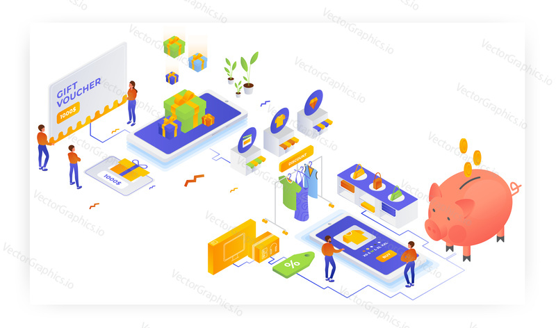 Gift voucher, discount coupon, loyalty program, flat vector isometric illustration. Online shopping. Saving money with discounts. Internet store marketing strategy.