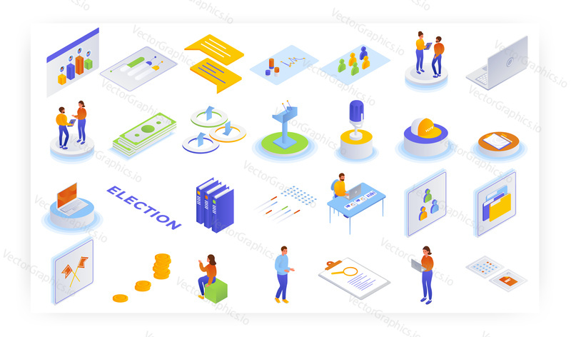 Election campaign isometric icon set, flat vector isolated illustration. Election funding, expenses. Political campaign fundraising. Voter survey. Public opinion polling.