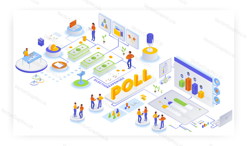 Election campaign fund, exit poll, flat vector isometric illustration. Election finance and expenses. Political campaign fundraising. Voter survey. Public opinion polling.