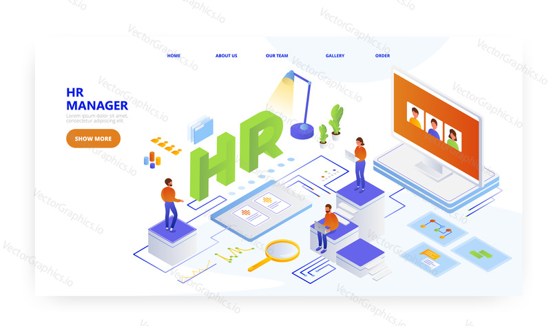 HR manager, landing page design, website banner template, flat vector isometric illustration. HR management, recruiting agency, free vacancy.