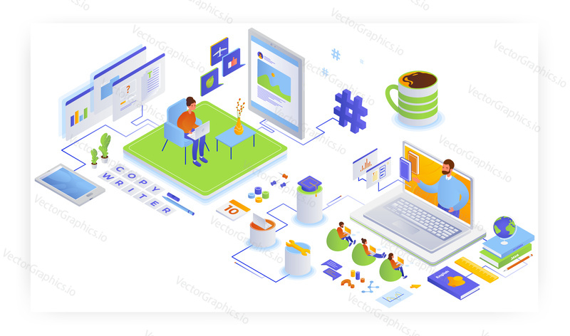 Copywriter characters creating blog content and learning online, flat vector isometric illustration. Blogging, content management. Copywriting online video course.