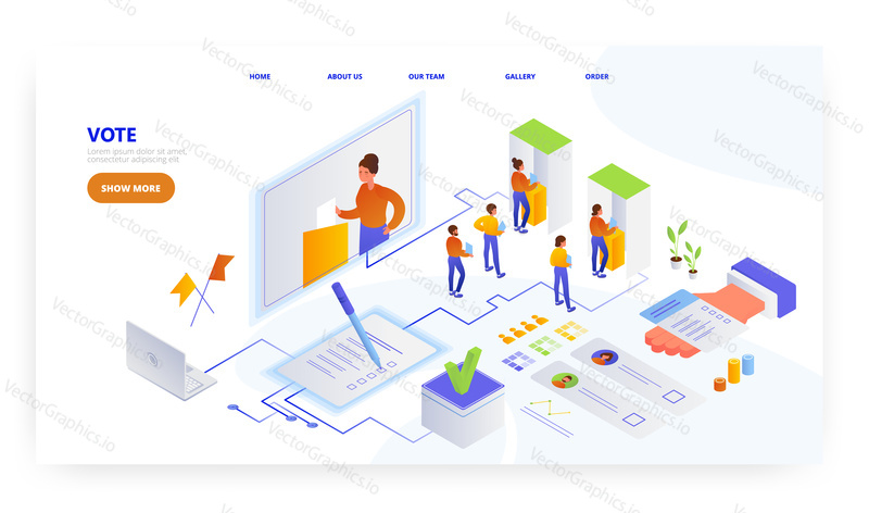 Vote, landing page design, website banner template, flat vector isometric illustration. Election day. Polling station. Voters choosing candidate, placing ballot paper in ballot box, standing in queue.