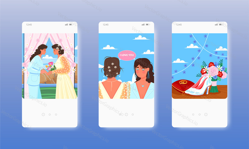 Young woman talking to herself, bride in wedding dress. Mobile app screens. Vector banner template for website and mobile development. Web site and UI design illustration.